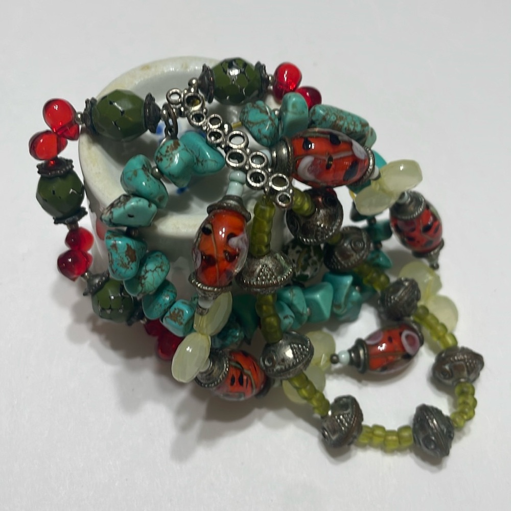 Turquoise green red beaded bracelet
